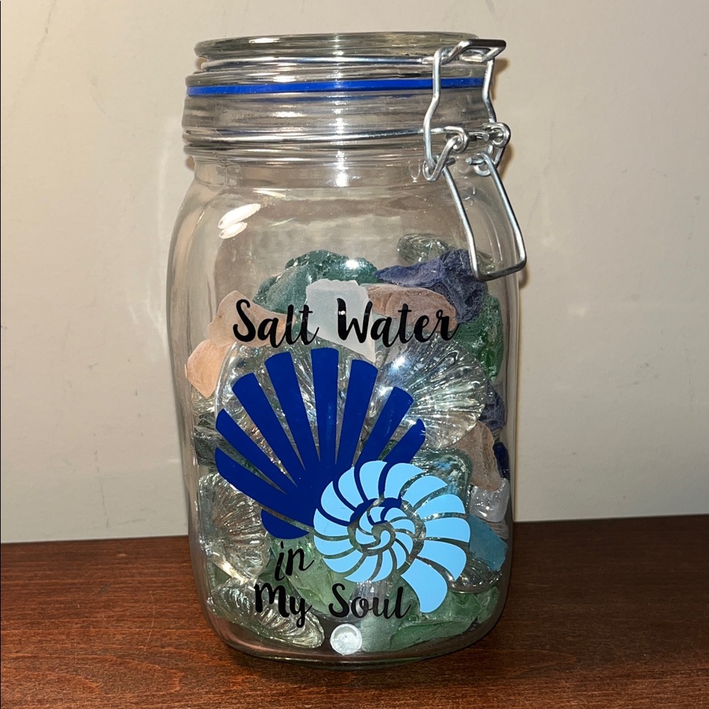 Coastal Glass Jar with Blue and Green Shell Design